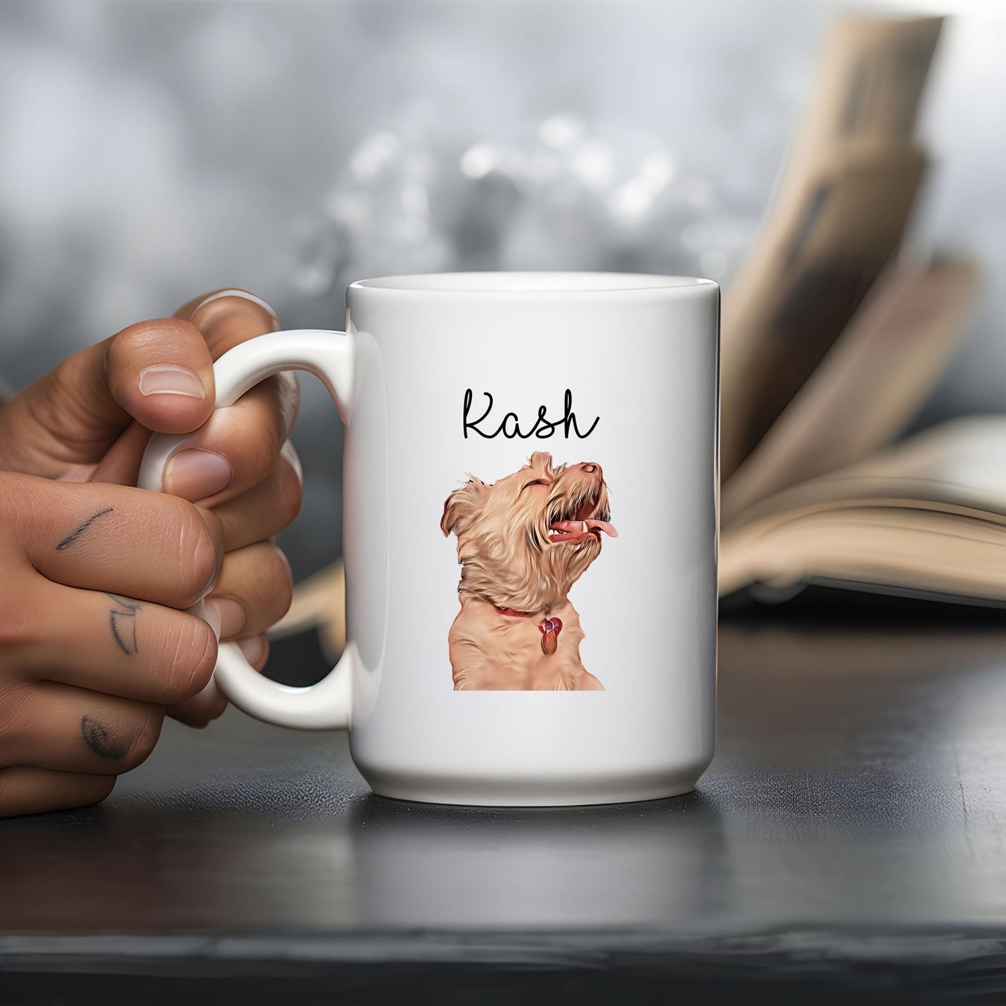 Custom 15oz Ceramic Mug with Personalized Cartoon Pet Illustration and Name - Unique Gift for Pet Lovers