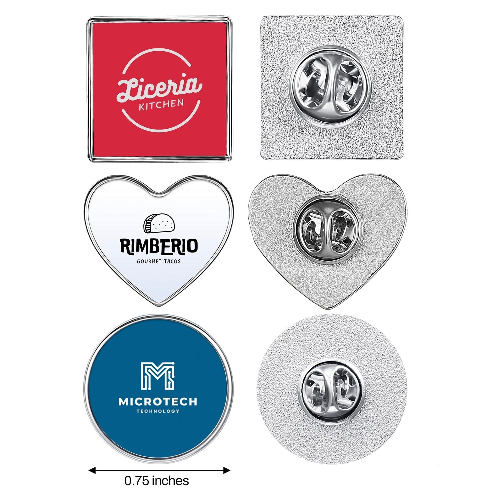 Custom Business Logo Metal Circle, Heart or Square Pin Buttons - Bulk Discounts Available