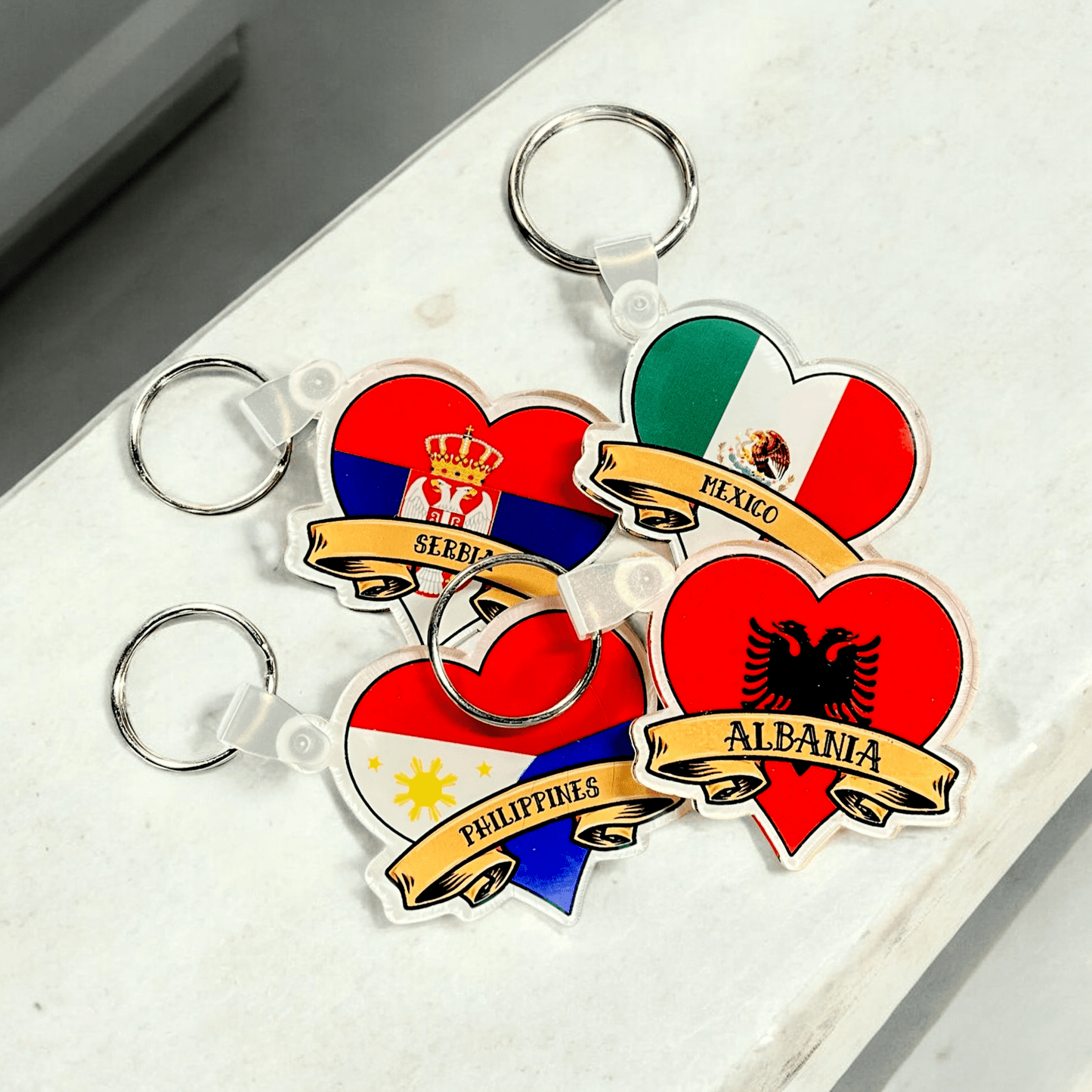Custom Country Flag Tattoo Heart Acrylic Keychain – Personalized Name Keychain for Keys, Bags, and Gifts