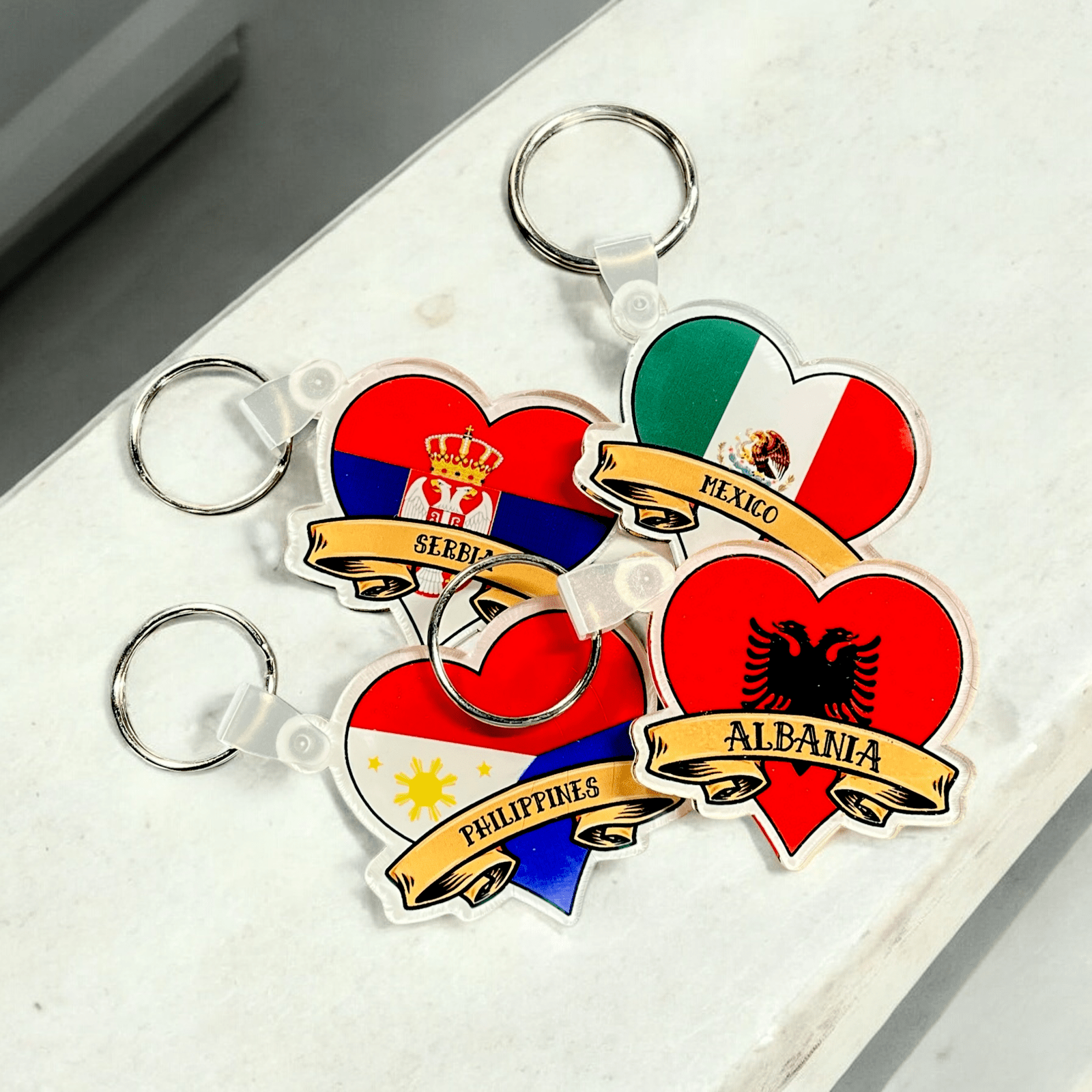 Custom Country Flag Tattoo Heart Acrylic Keychain – Personalized Name Keychain for Keys, Bags, and Gifts