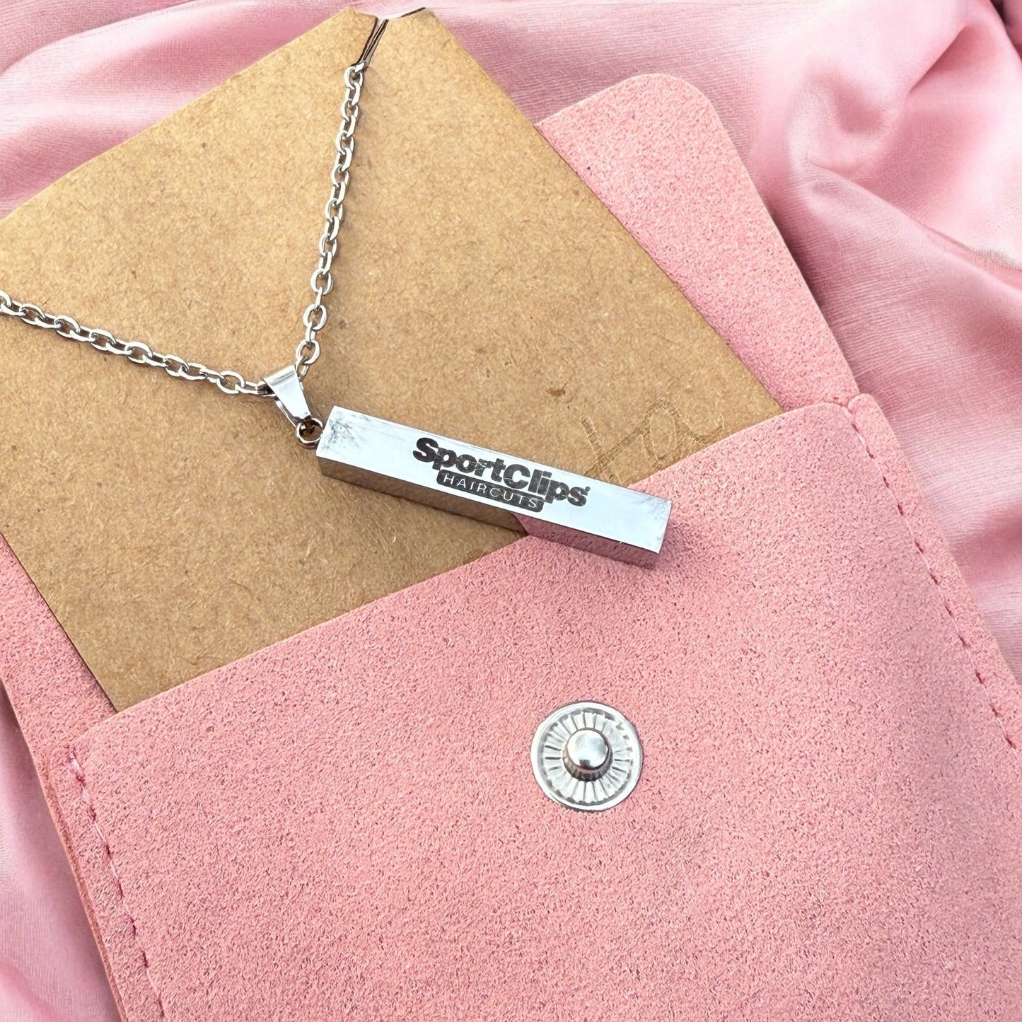 Custom Engraved Bar Cube Necklace + Gift Pouch | Personalized Logo + Name Pendant