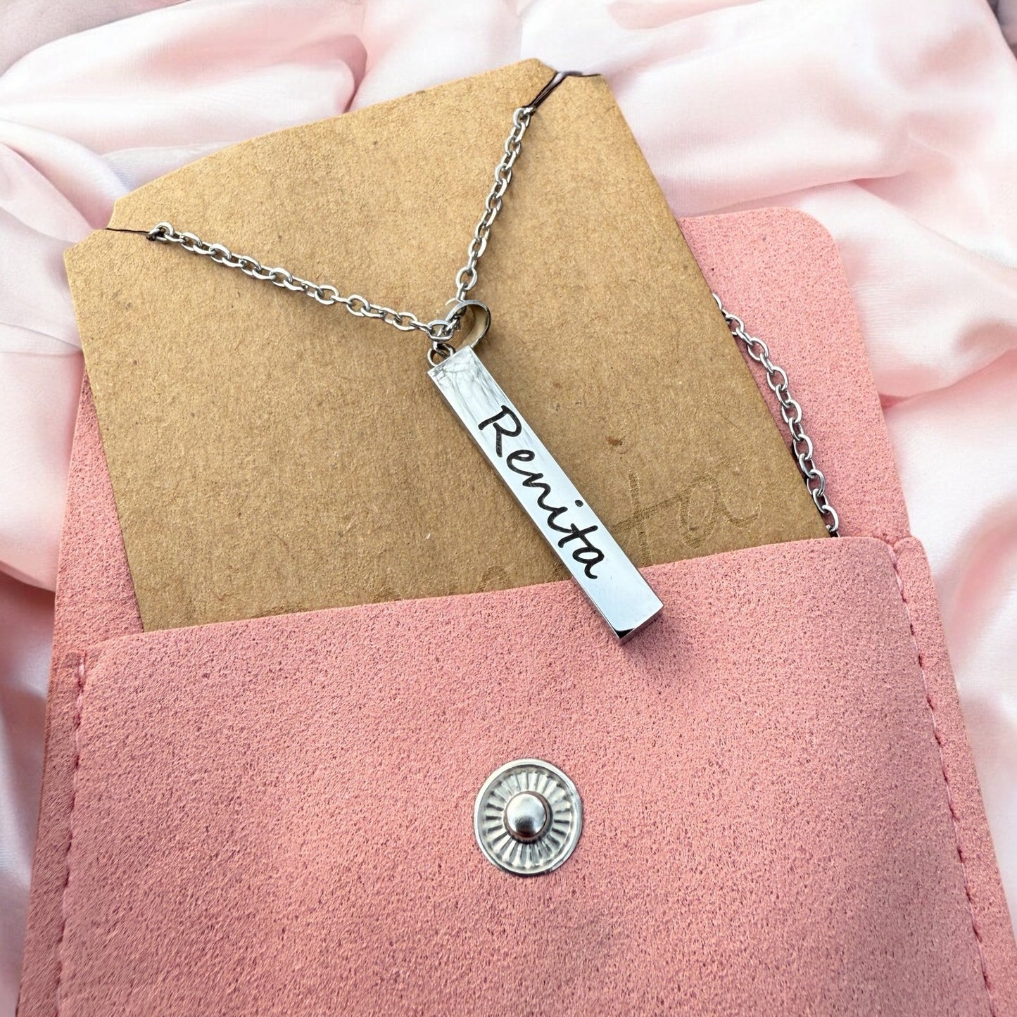 Custom Engraved Bar Cube Necklace + Gift Pouch | Personalized Logo + Name Pendant