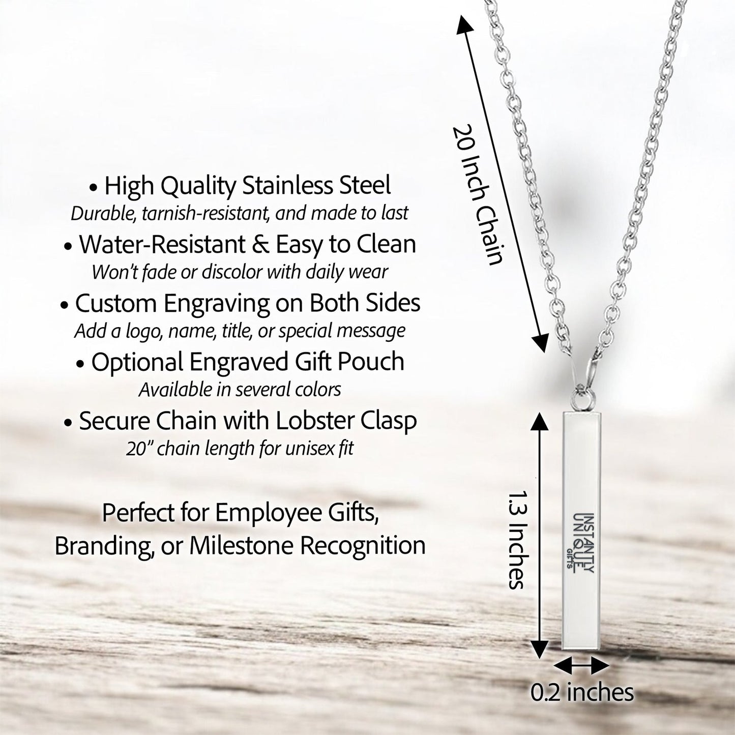 Custom Engraved Bar Cube Necklace + Gift Pouch | Personalized Logo + Name Pendant