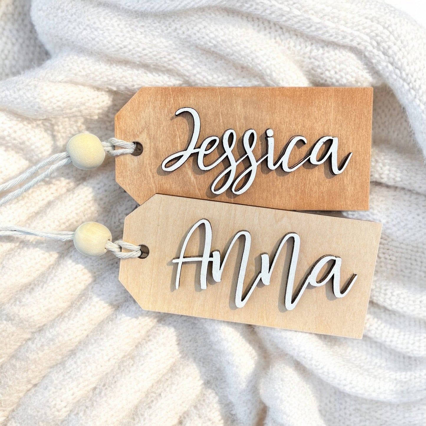 Custom Laser Engraved Wood Christmas Stocking Tags - Holiday Ornament Gift Tags – Personalized with 3D Cut-Out Name