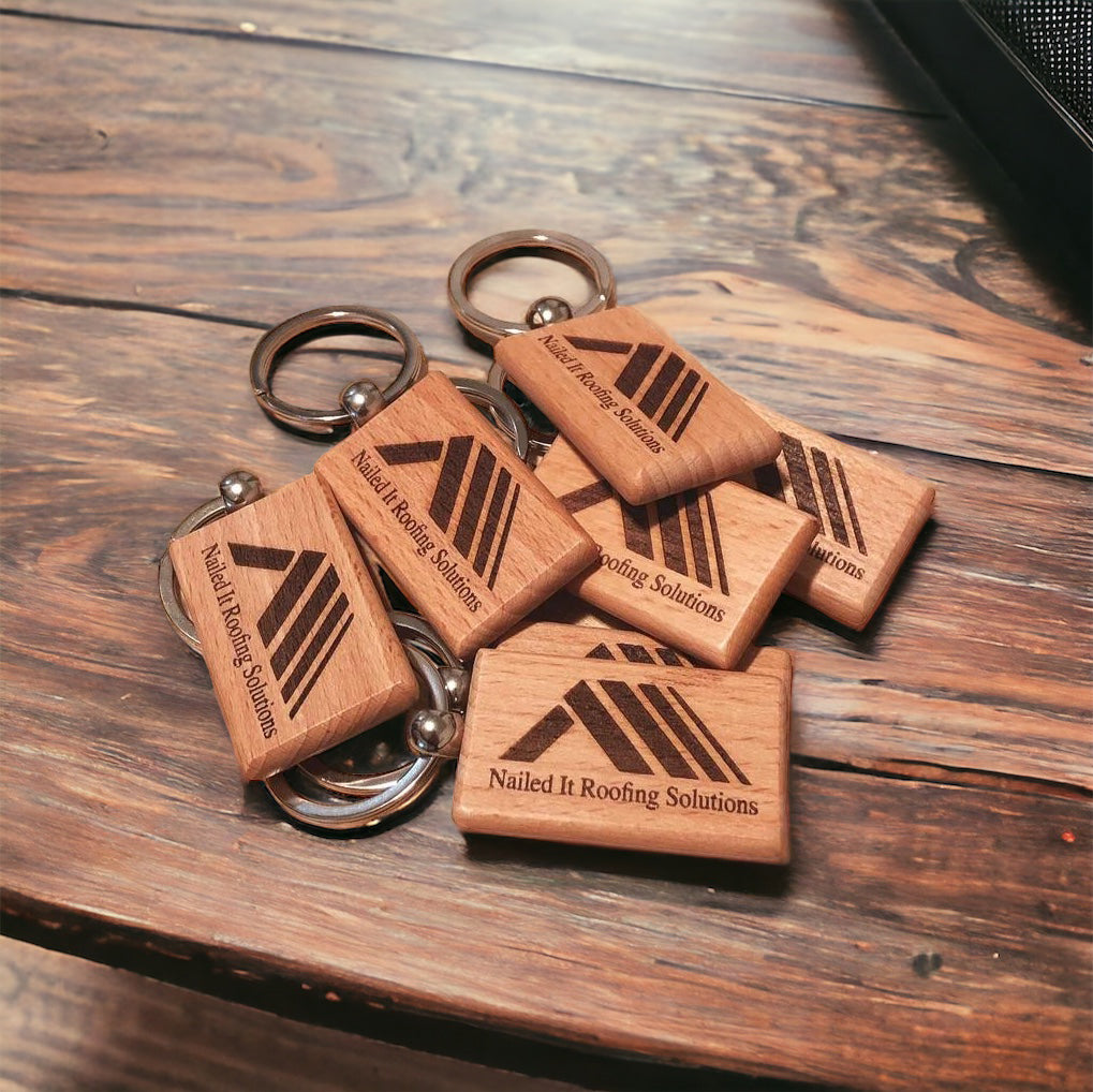 Custom Wooden Engraved Keychain with Business Logo and QR Code - Promotional Rectangular Keychains for Marketing - Bulk Discounts and Wholesale Options Available - Perfect for Trade Shows and Events