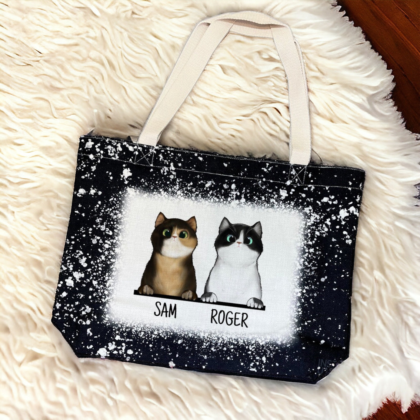 Cute Peeking Cats with Name Custom Tote - Black Bleach Design Tote Bag - Add up to 6 cats!