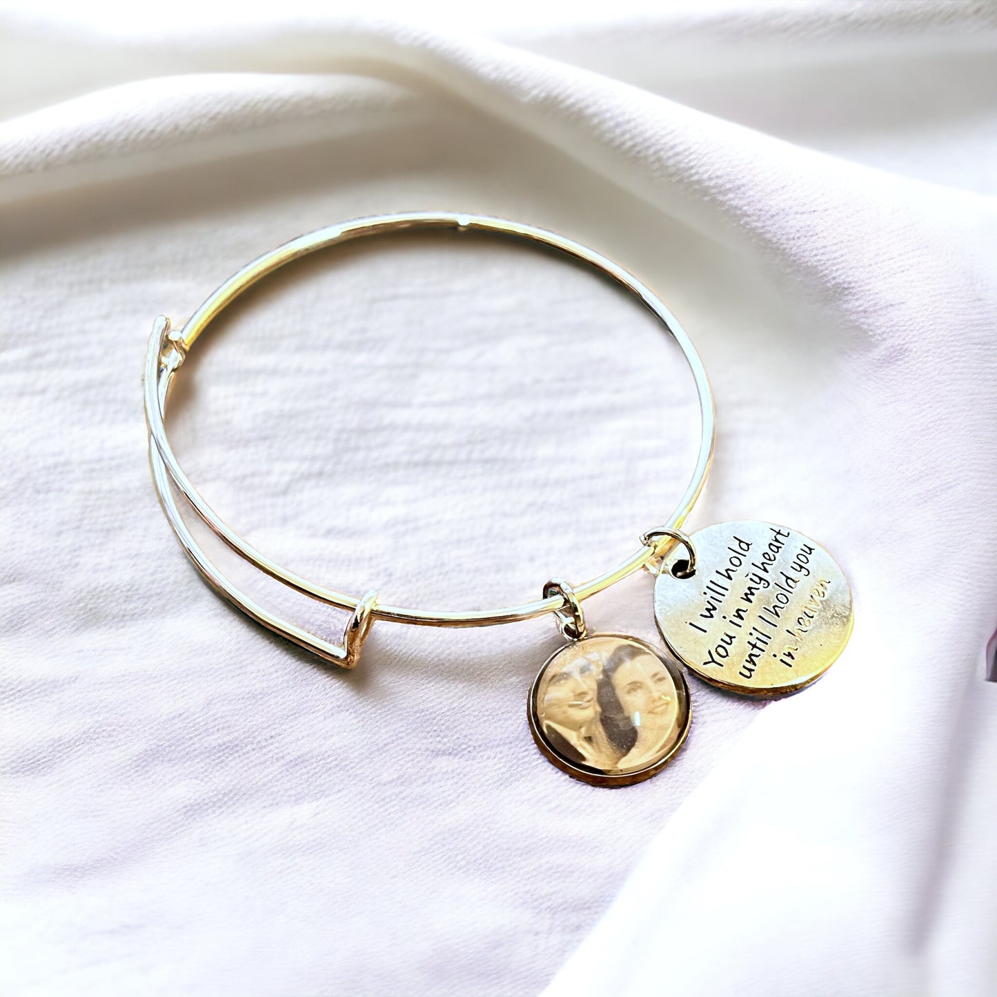 Heaven Quote Memorial Charm Adjustable Silver Bracelet with Personalized Photo Charm