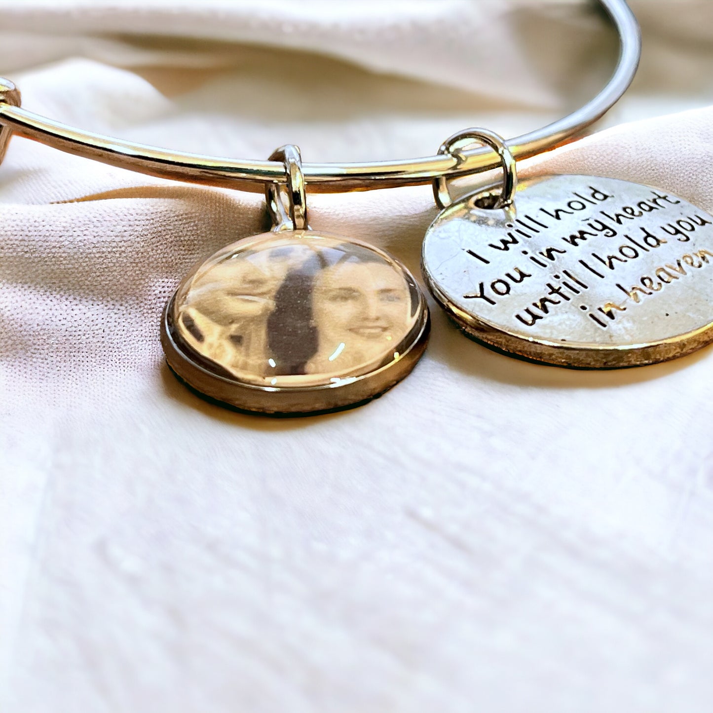 Heaven Quote Memorial Charm Adjustable Silver Bracelet with Personalized Photo Charm