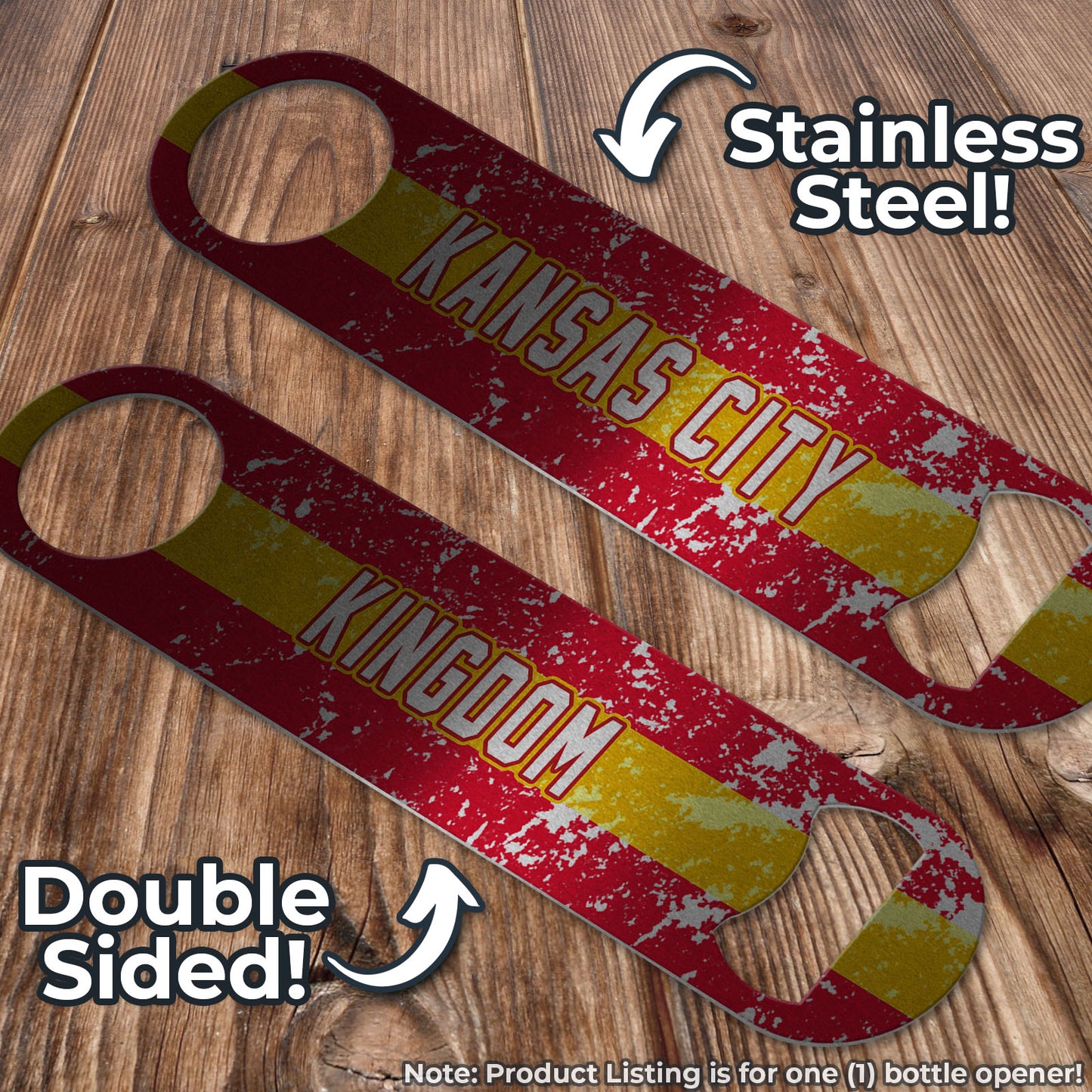 Kansas City Kingdom Distressed Yellow and Red Stripe Football Themed Pub Style Stainless Steel Bottle Opener