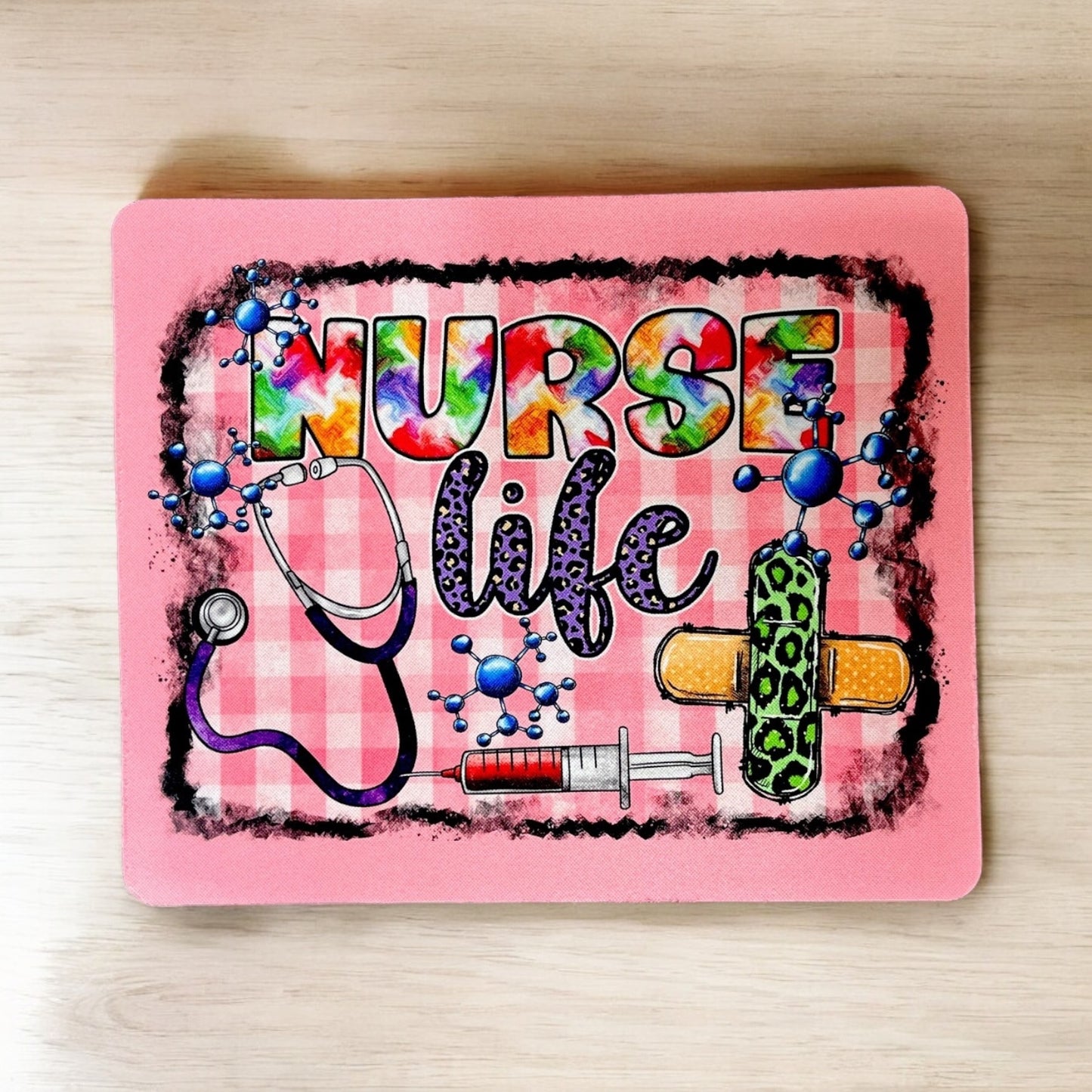 Nurse Life Quote - Pink Stethoscope Bandage Retro Plaid Design Mouse Pad