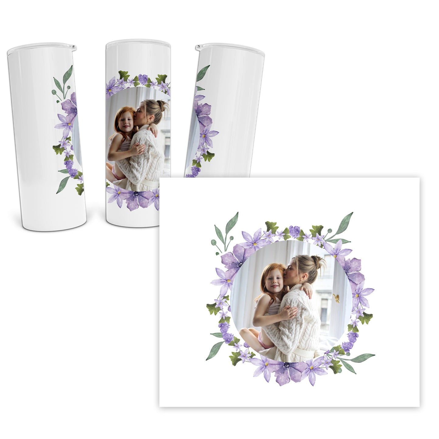 Personalized Floral Circle Photo Tumbler - Lavender Purple Wreath Designed - Custom Picture Cup