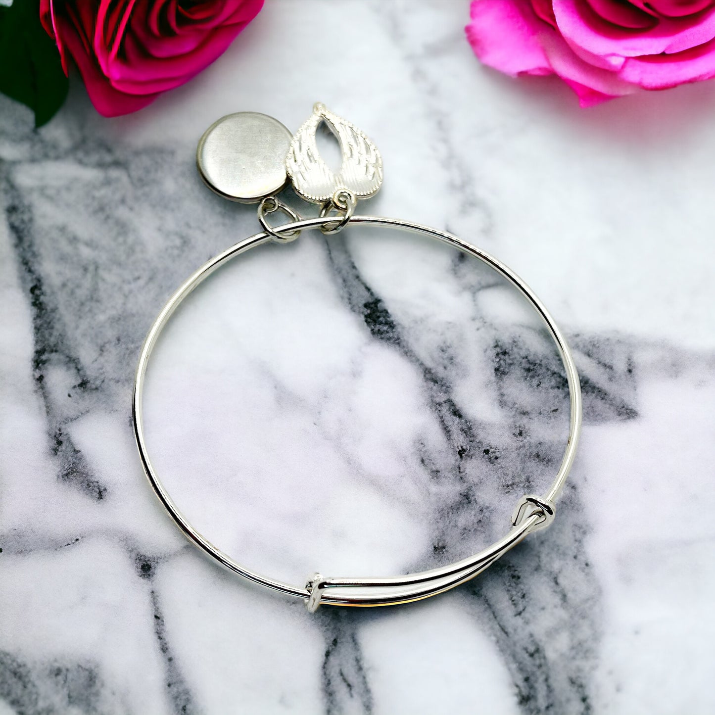 Personalized Memorial Angel Wing Charm Adjustable Silver Bracelet with Your Photo Charm