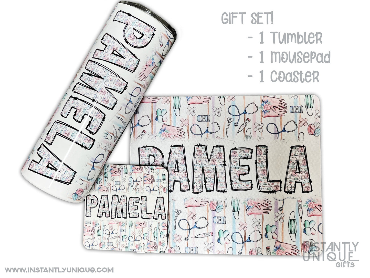 Personalized Nurse Name Gift Set with Tumbler, Mousepad and Coaster