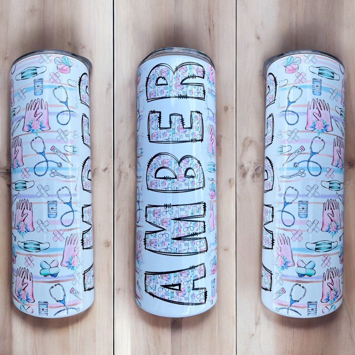 Personalized Nurse Tumbler with Name - Stethoscope and Rubber Gloves Fun Pattern