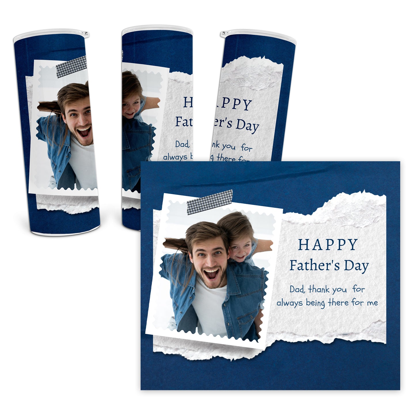 Personalized Photo Father's Day Photo Tumbler Blue Background with Your Custom Message