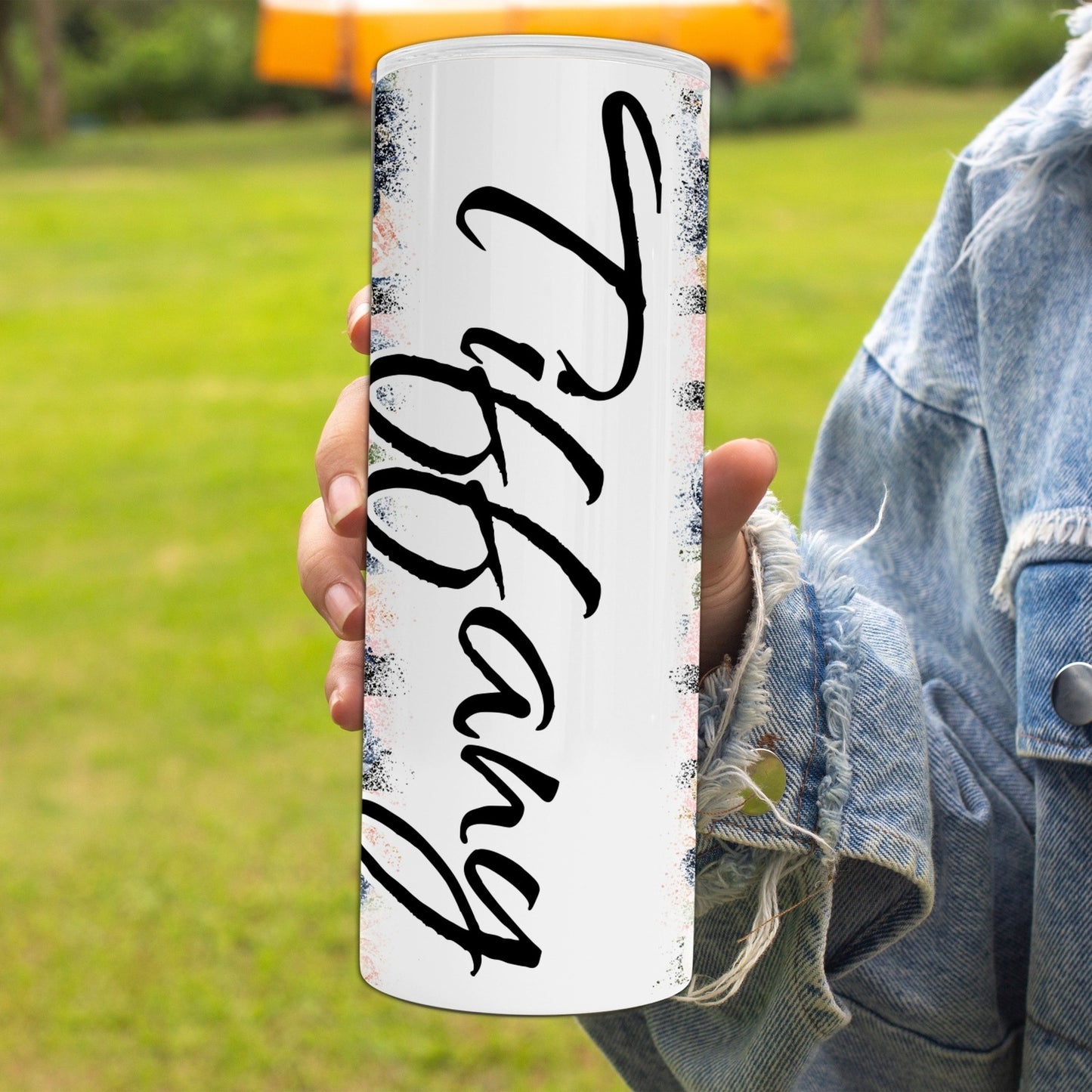Personalized Pink Floral with Black Faux Glitter Stripes Custom Name Tumbler