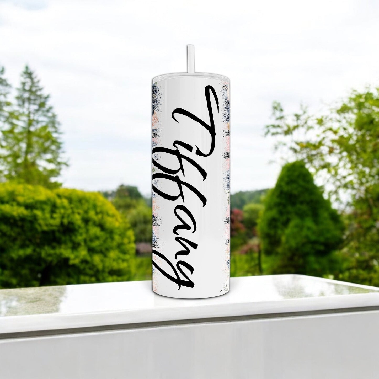 Personalized Pink Floral with Black Faux Glitter Stripes Custom Name Tumbler