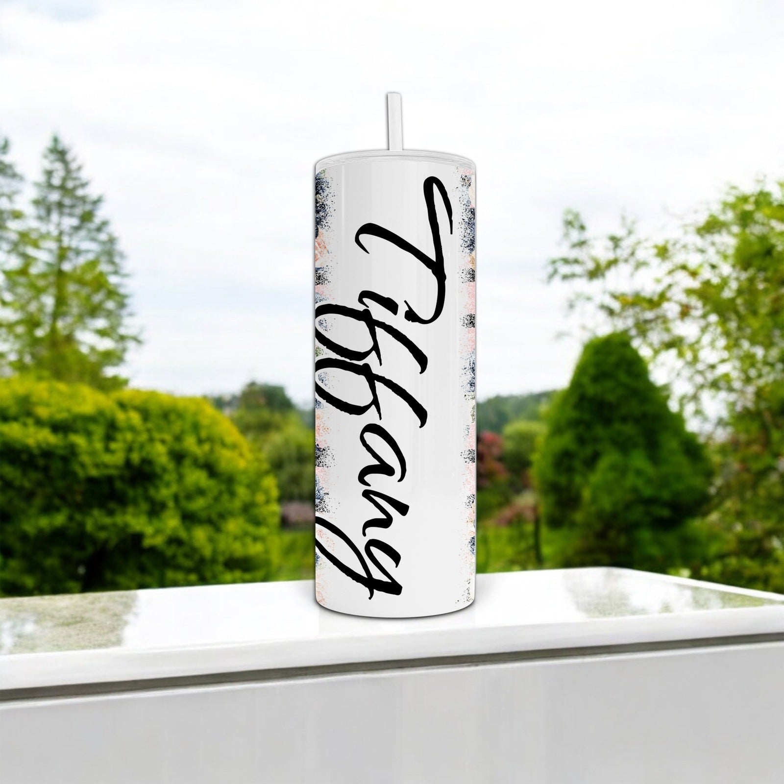 Personalized Pink Floral with Black Faux Glitter Stripes Custom Name Tumbler