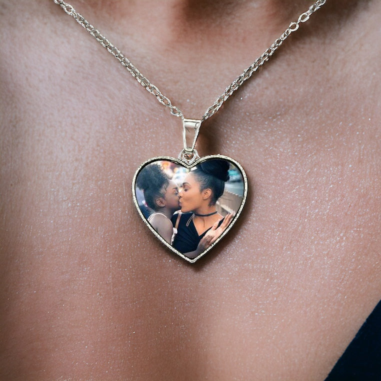 Personalized Silver Chain Custom Photo Heart Necklace - Double Sided Keepsake