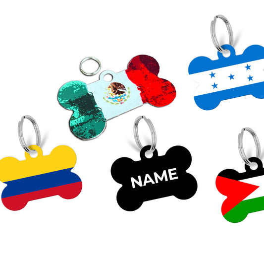 Pick Your World Flag Personalized Bone Shaped Pet Tag for Dogs and Cats with Pet Name
