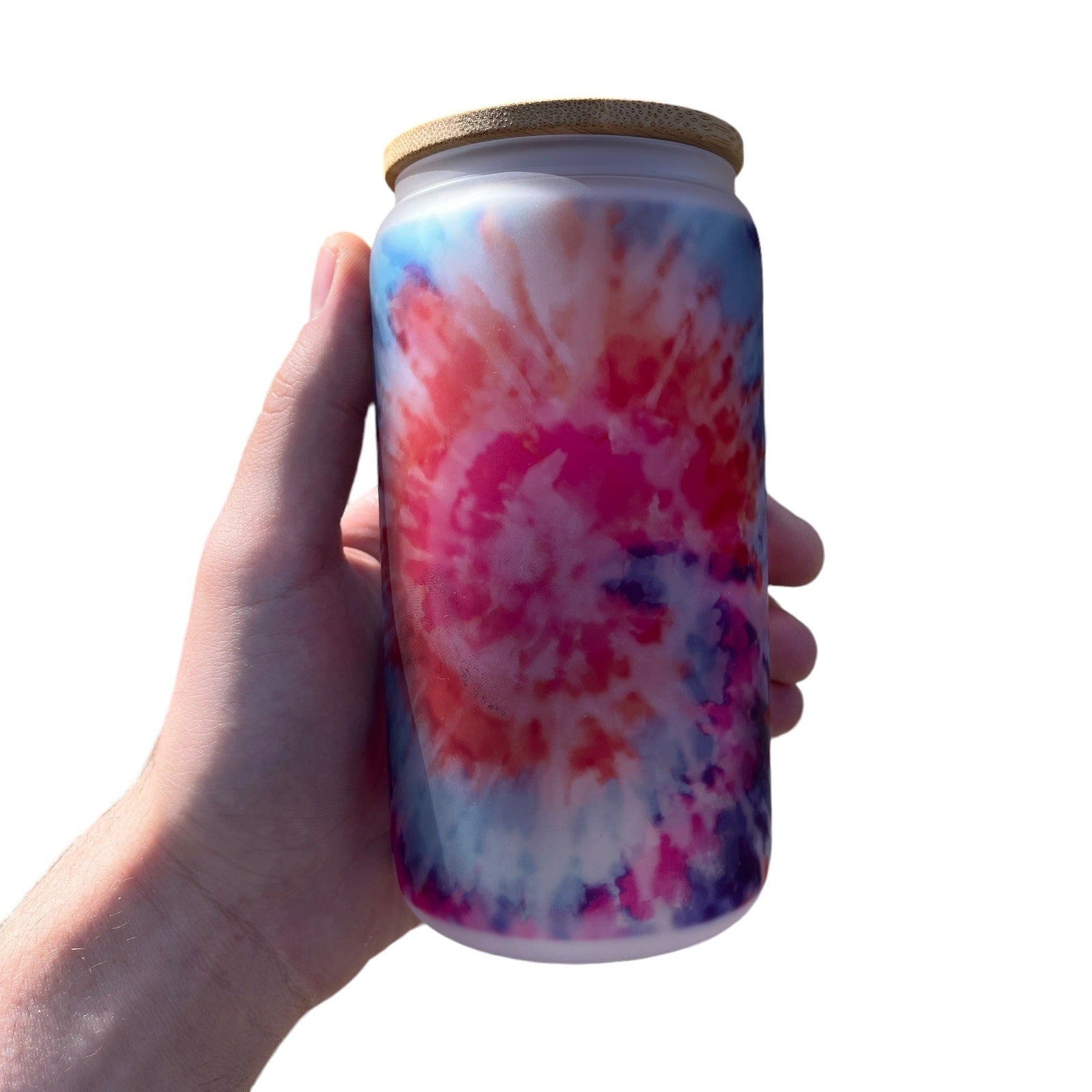 Tie Dye 16oz Frosted Glass Can with Bamboo Lid and Straw