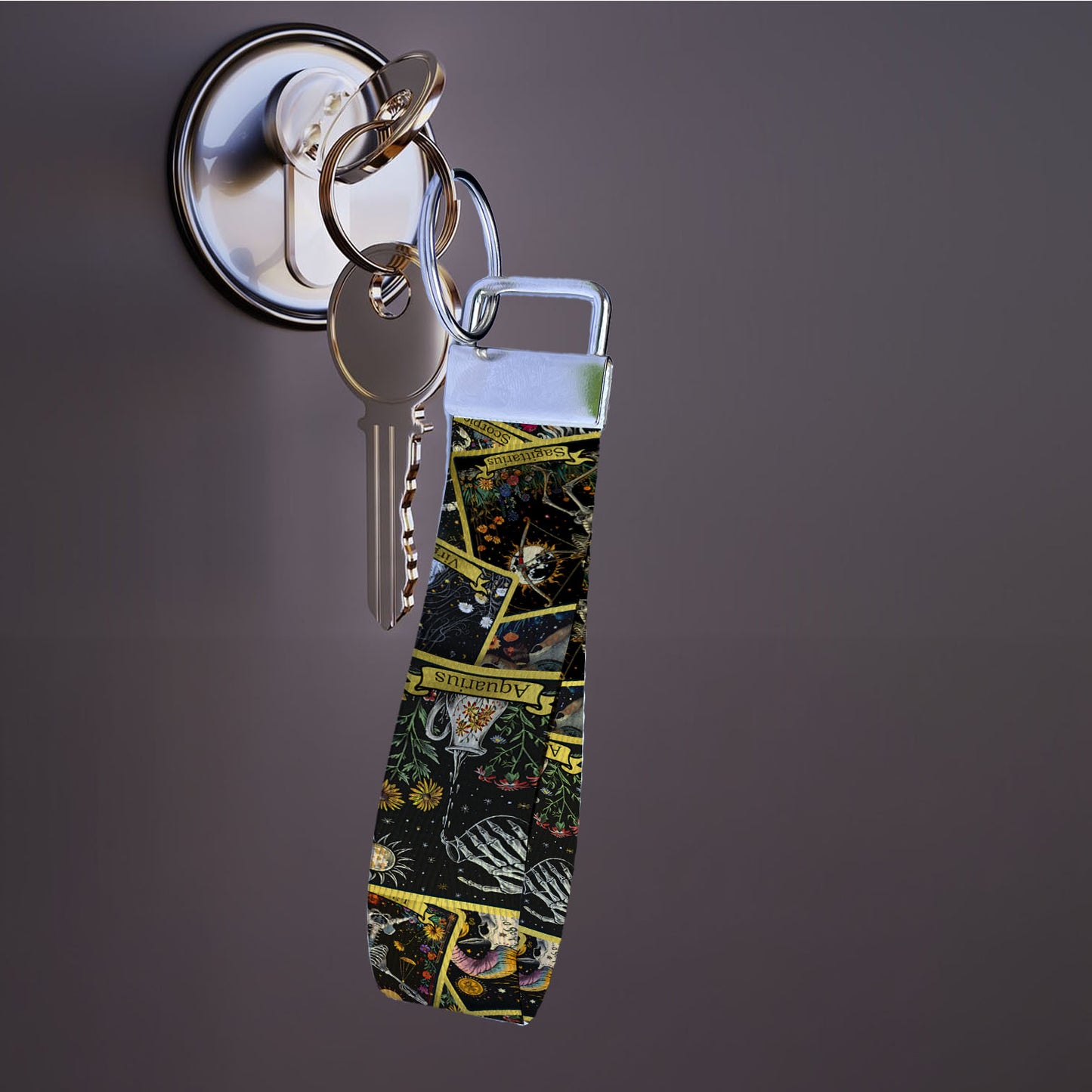 Zodiac Sign Card Design Nylon Keychain Wristlet Key Fob Lanyard - Tag for Keys - Aries, Taurus, Gemini, Cancer, Leo, Virgo, Libra, Scorpio, Sagittarius, Capricorn, Aquarius, Pisces