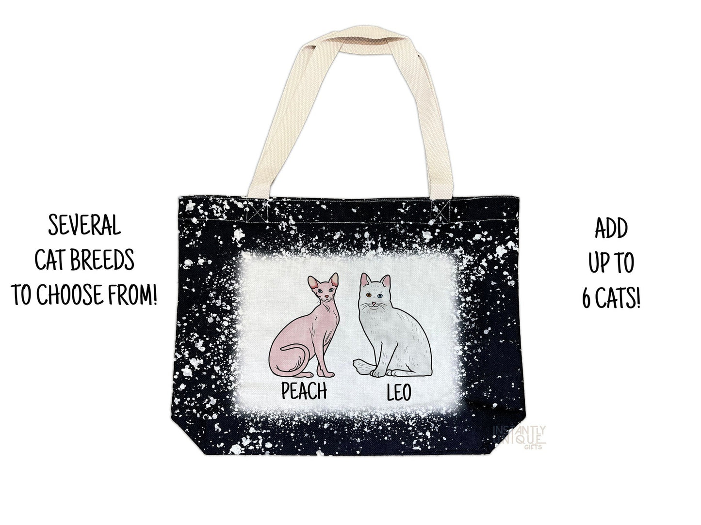 Cat Breed with Name Custom Tote - Black Bleach Design Tote Bag - Add up to 6 cats!