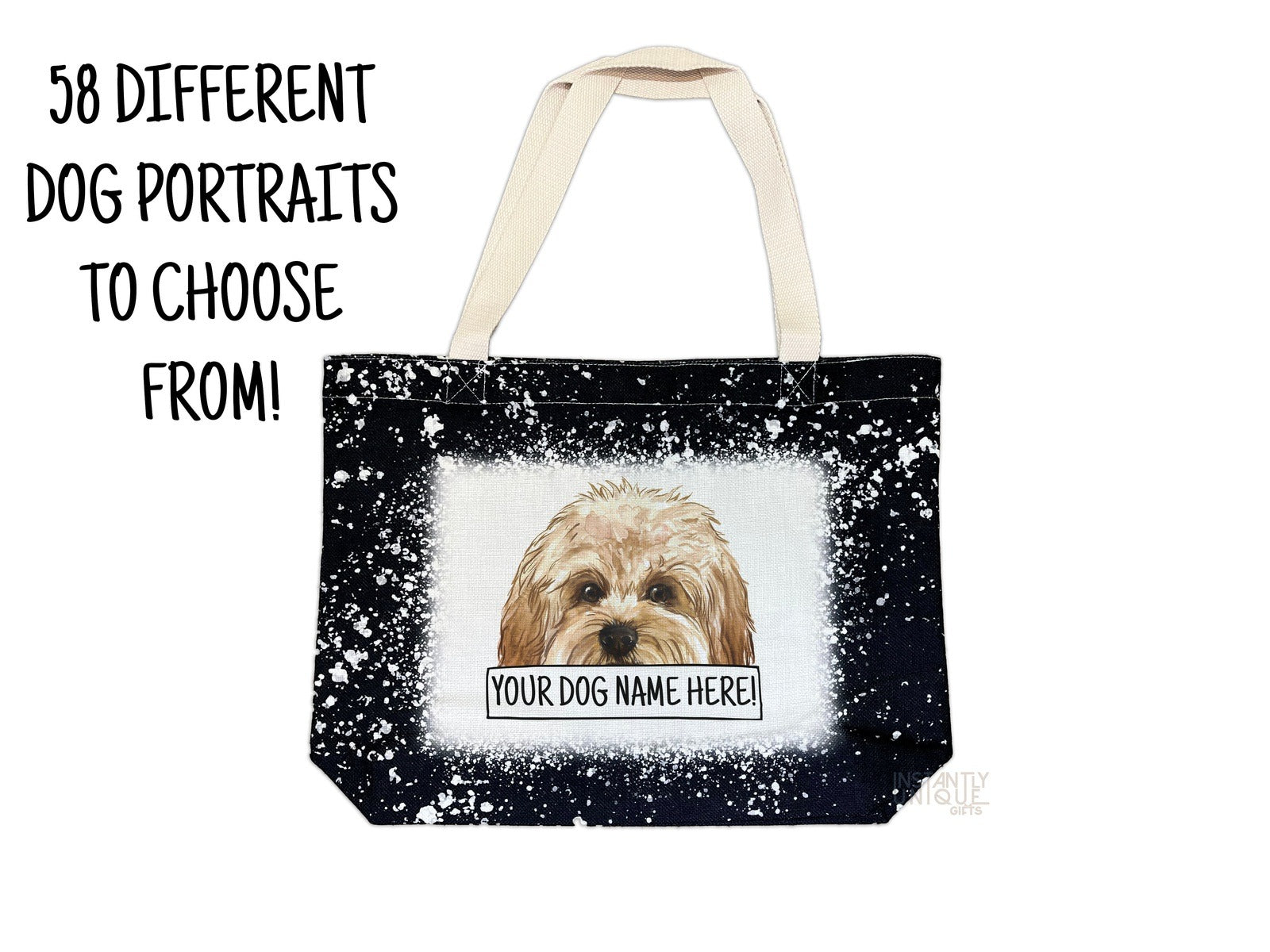 Add Your Dog Portrait and Name Custom Tote - Black Bleach Design