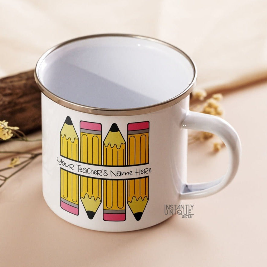 Pencil Pattern with Custom Name 12oz Enamel Mug for Teachers