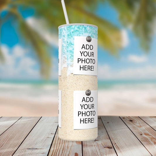 Personalized Beach Design 4 Photo Collage - Custom Tumbler with Lid and Straw