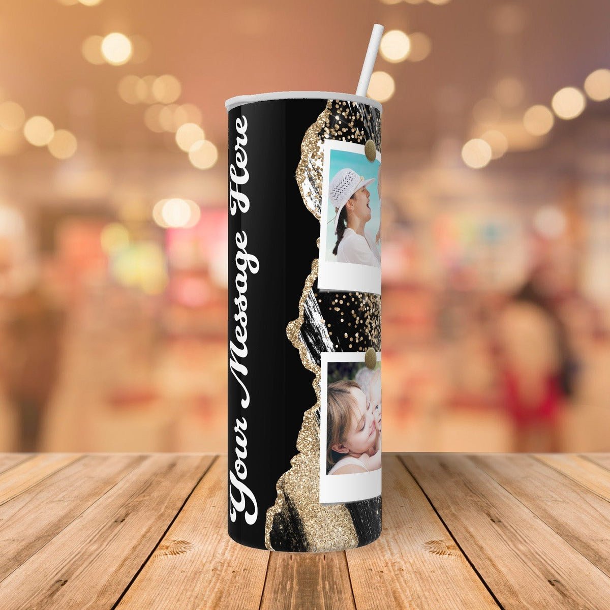Personalized Black and Gold Design 4 Photo Collage Custom Tumbler with Lid  and Straw