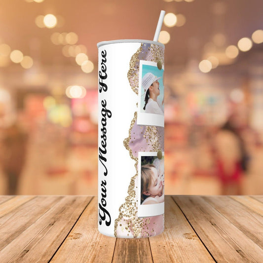 Personalized Champaign Faux Glitter 4 Photo Collage - Custom Tumbler with Lid and Straw