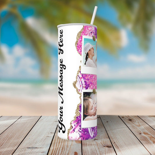 Personalized Pink and Purple Faux Glitter 4 Photo Collage - Custom Tumbler with Lid and Straw
