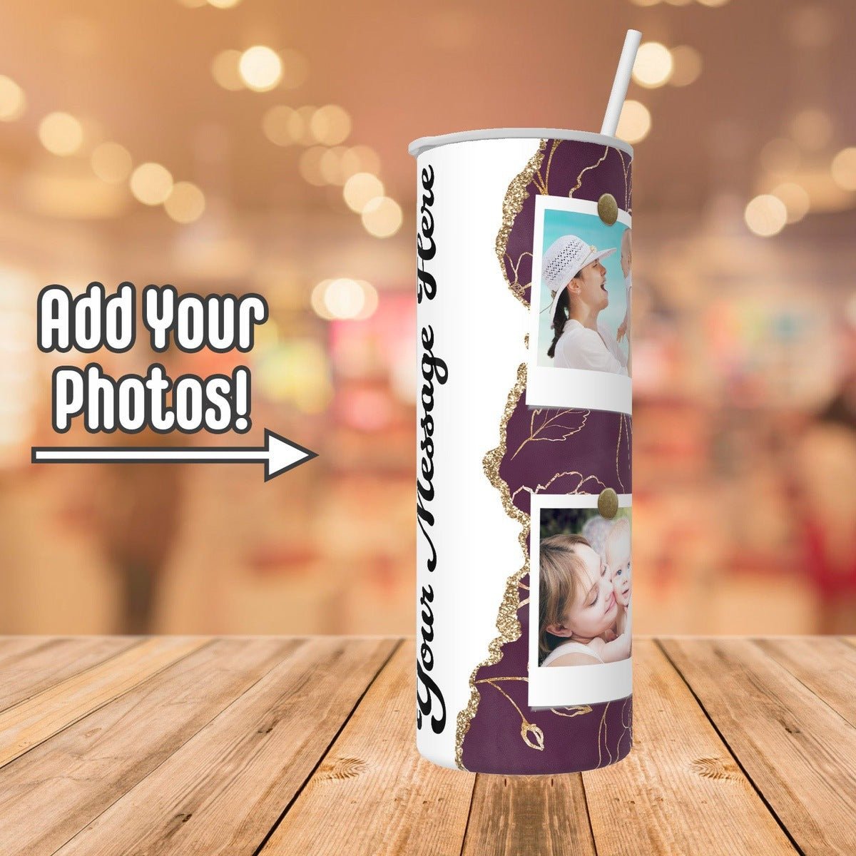Personalized Purple with Gold Flowers 4 Photo Collage - Custom Tumbler with Lid and Straw