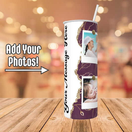 Personalized Purple with Gold Flowers 4 Photo Collage - Custom Tumbler with Lid and Straw