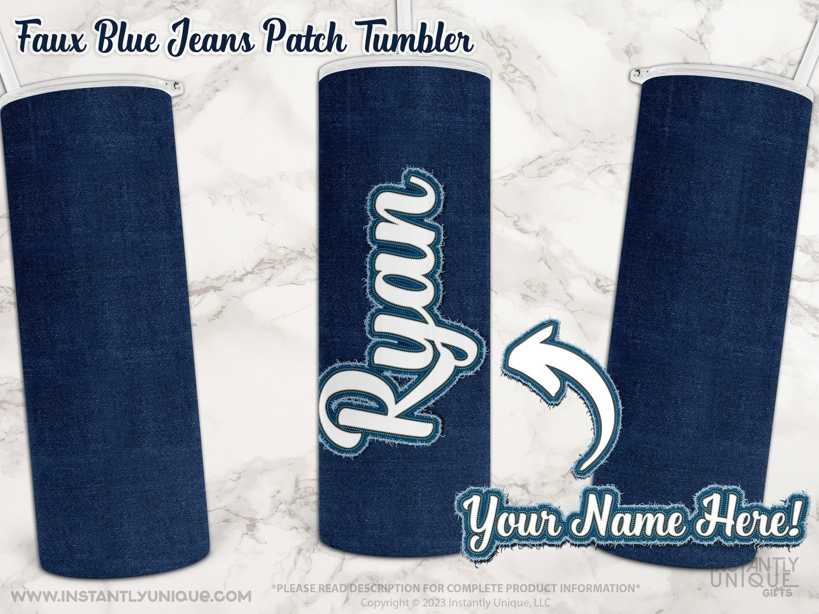 Faux Blue Jeans Tumbler with Custom Name Patch – Instantly Unique Gifts