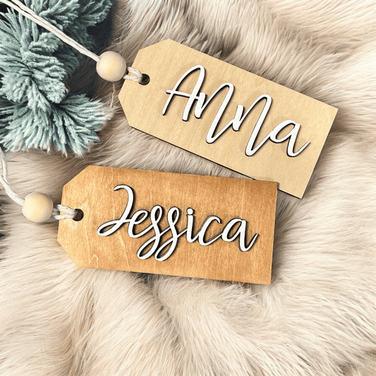 Personalized laser engraved Christmas stocking tags from Instantly Unique Gifts