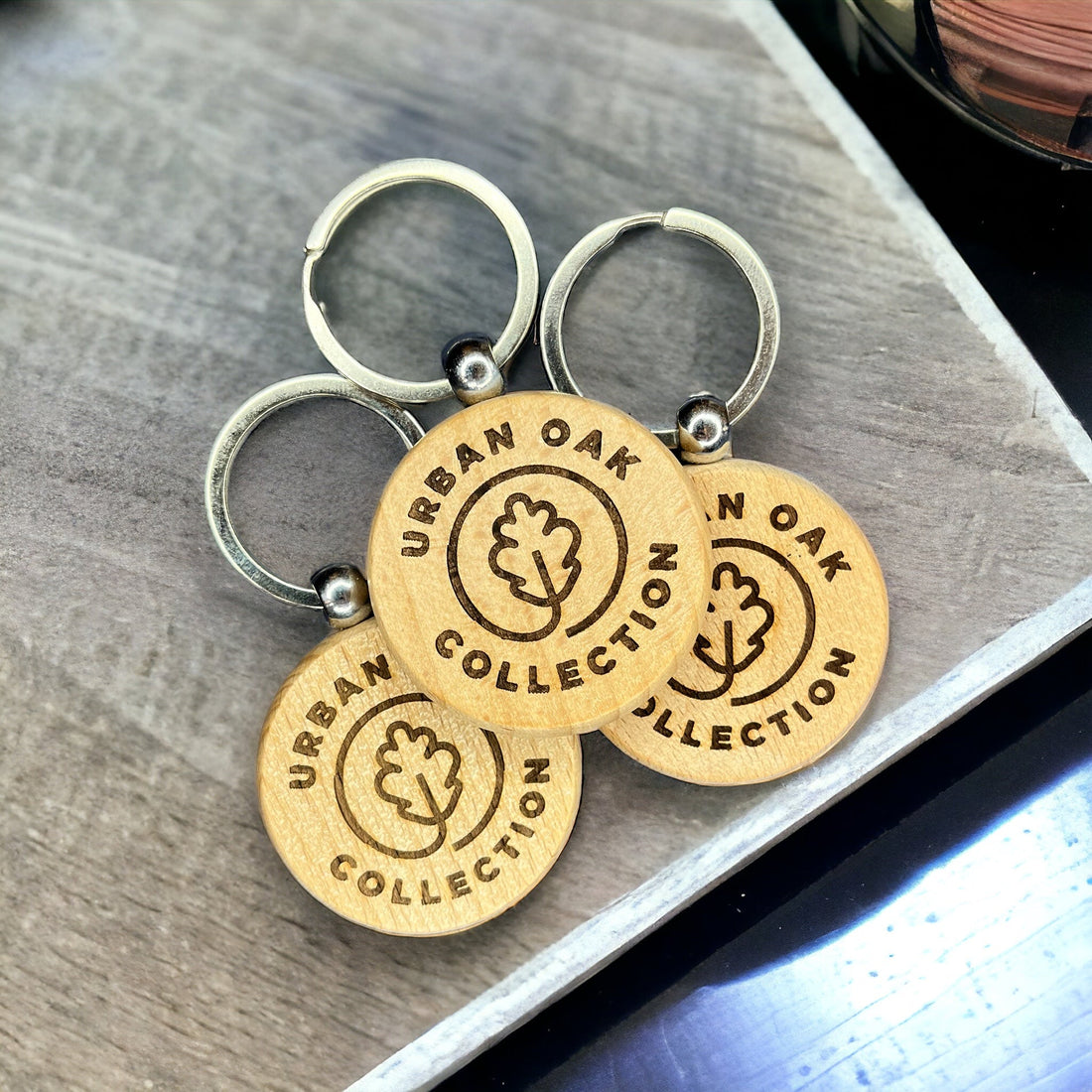 Custom logo engraved wood keychains for trade show and small business giveaways
