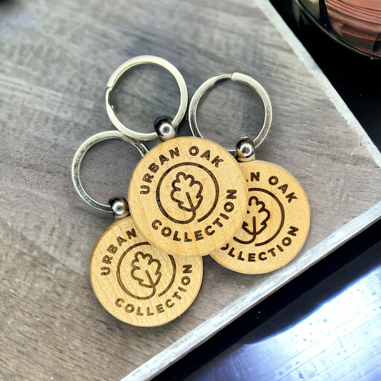 Custom logo engraved wood keychains for trade show and small business giveaways