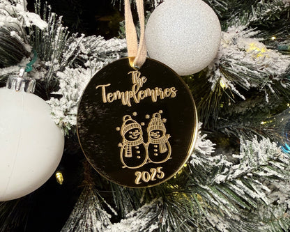 Personalized Gold Mirror Snowman Ornament – Custom Family Name & Year