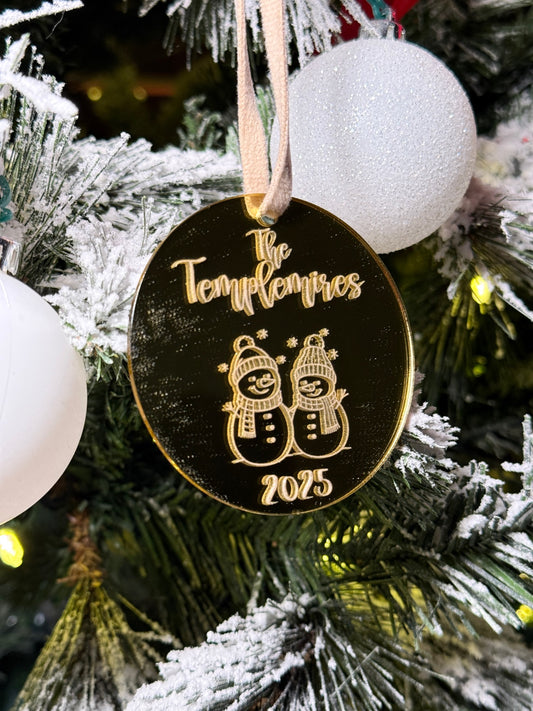Personalized Gold Mirror Snowman Ornament – Custom Family Name & Year