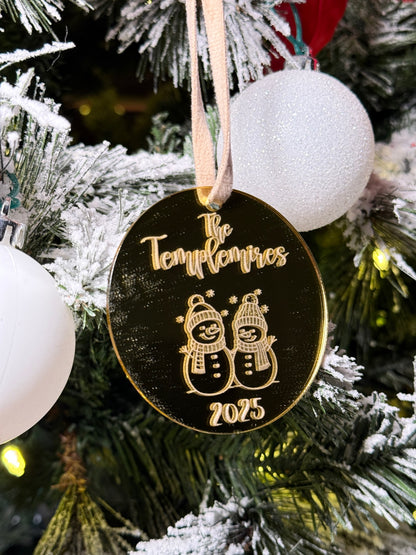 Personalized Gold Mirror Snowman Ornament – Custom Family Name & Year