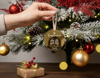Personalized Gold Mirror Snowman Ornament – Custom Family Name & Year
