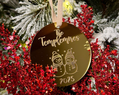 Personalized Gold Mirror Snowman Ornament – Custom Family Name & Year