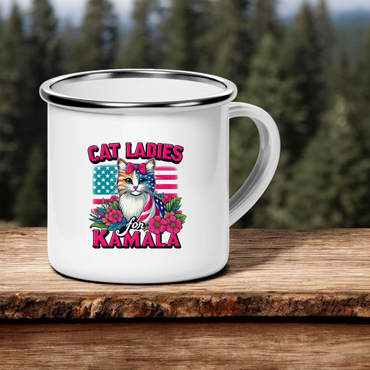 12oz Enamel Camp Mug - “Cat Ladies for Kamala” Graphic - Democratic Harris Walz Supporter Gift