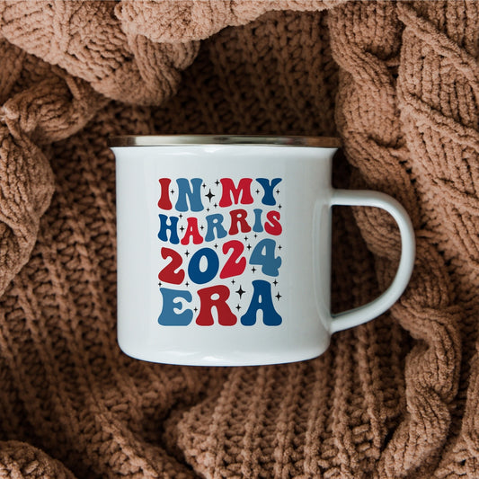 12oz Enamel Camp Mug - “In My Harris 2024 Era” Retro Groovy Typeface - Democratic Supporter Gift