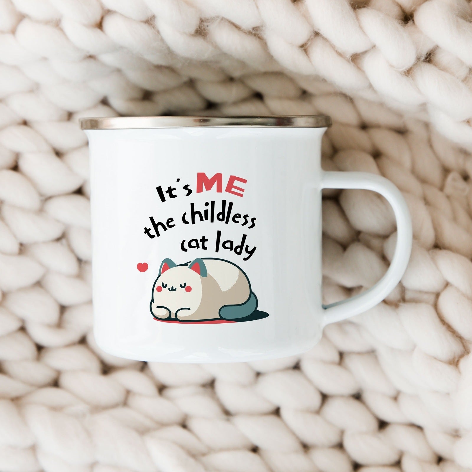 12oz Enamel Camp Mug - “It’s Me, The Childless Cat Lady” Graphic - Democratic Harris Walz Supporter Gift