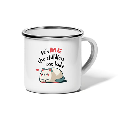 12oz Enamel Camp Mug - “It’s Me, The Childless Cat Lady” Graphic - Democratic Harris Walz Supporter Gift