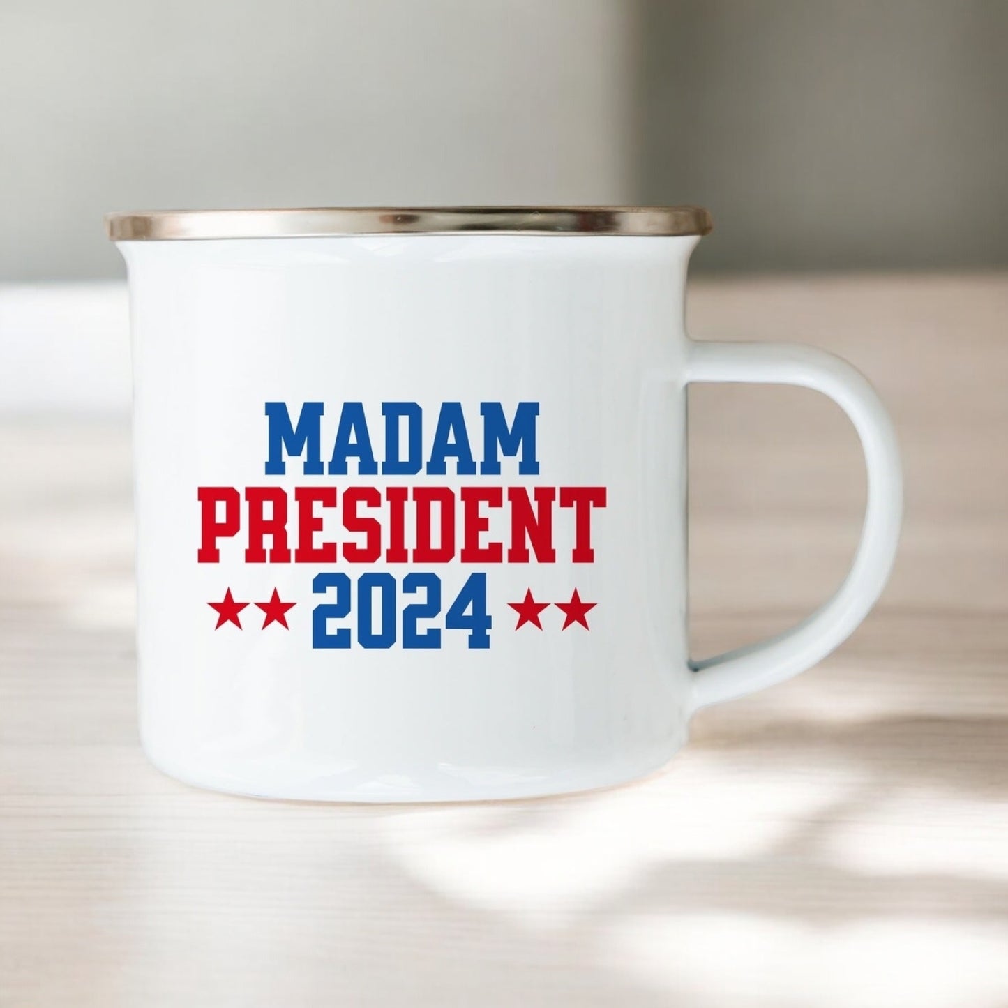 12oz Enamel Camp Mug - “Madam President 2024” Graphic - Empowering Democratic Supporter Gift