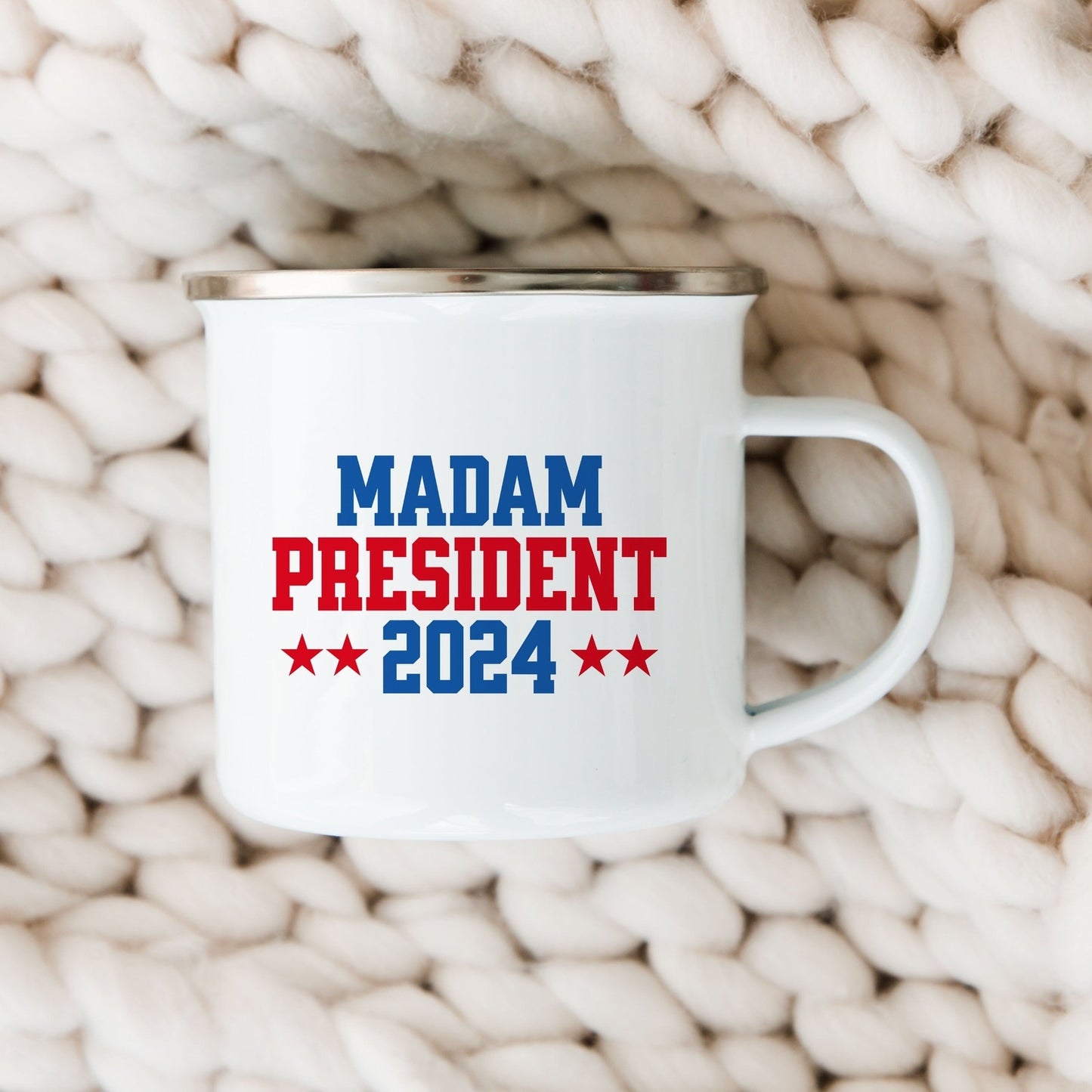 12oz Enamel Camp Mug - “Madam President 2024” Graphic - Empowering Democratic Supporter Gift